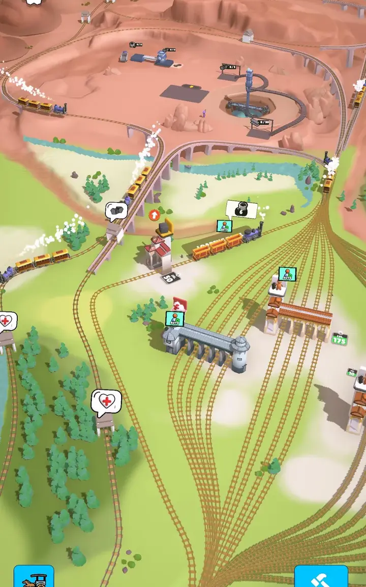 Σιδηροδρομικό δίκτυο στο Rail Master Tycoon: Idle Train με γέφυρες, δάση και συρμούς σε κίνηση