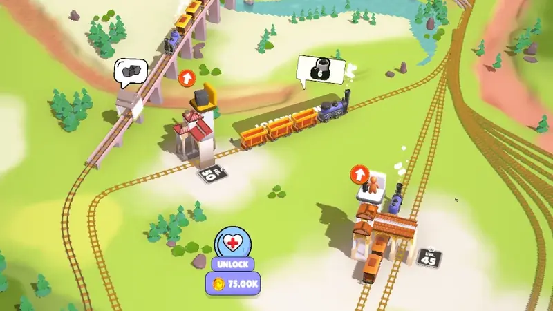Λεπτομέρεια από το Rail Master Tycoon: Idle Train — συρμός περνά δίπλα σε μικρό σταθμό
