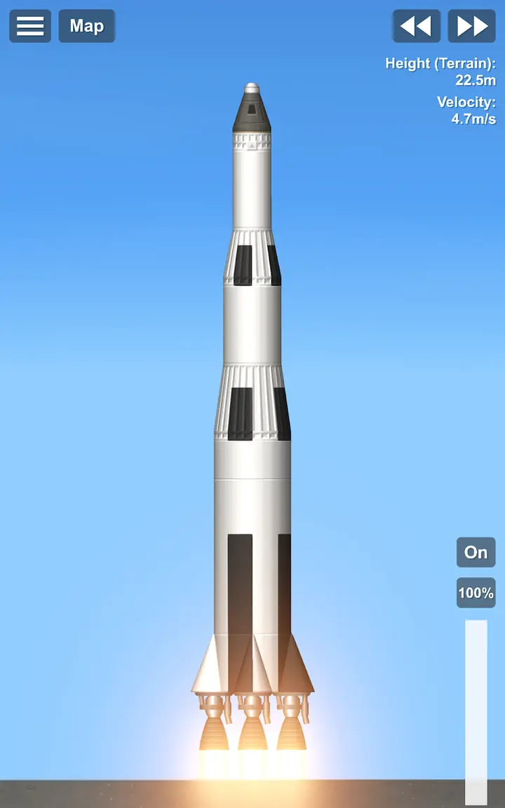 Πύραυλος έτοιμος για εκτόξευση στο Spaceflight Simulator, με τις ενδείξεις ύψους και ταχύτητας στην πάνω γωνία